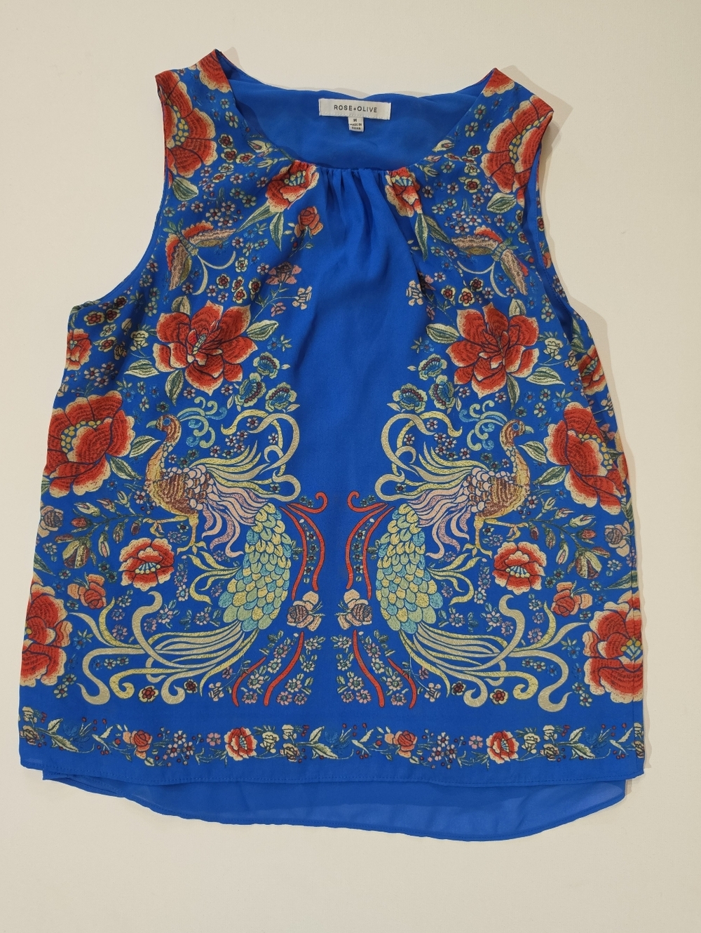 Rose & Olive Sleeveless Blouse Womens Blue Orange Floral Peacock Print Boho Chic